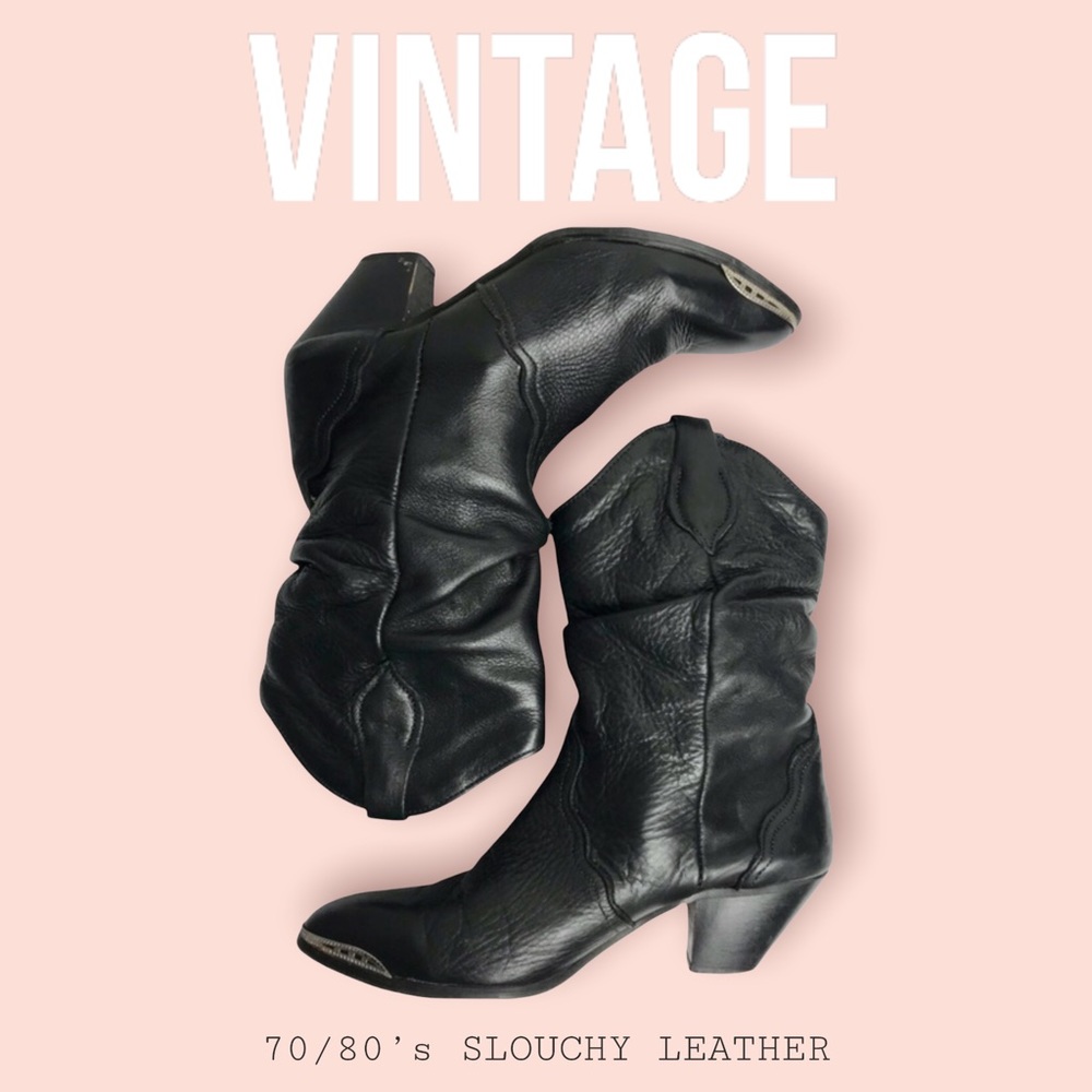 Vintage 70/80’s 100% Black Leather Slouchy Boots Silver Metal Rand Pointy Toe 8